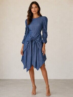 PADOVA Cotton Blue Denim Front Tie Slit Puff 3/4 Sleeves Pull on Midi Dress Sz 6
